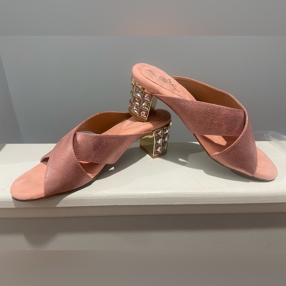 Elegant Metallic Pink Block Bejeweled Heel Sandals 7.5 NWOT Joan Boyce